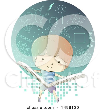Clipart of a Sketched Boy Reading a Book About Physics, over Pixels and Icons - Royalty Free Vector Illustration by BNP Design Studio