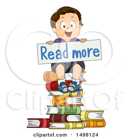 Clipart of a Happy Brunette Boy Holding a Read More Sign on a Stack of Books - Royalty Free Vector Illustration by BNP Design Studio
