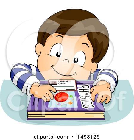 Clipart of a Brunette Boy Borrowing a Physics Book from a Library - Royalty Free Vector Illustration by BNP Design Studio