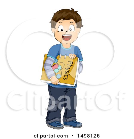 Clipart of a Brunette Boy Carrying a Physics Book - Royalty Free Vector Illustration by BNP Design Studio