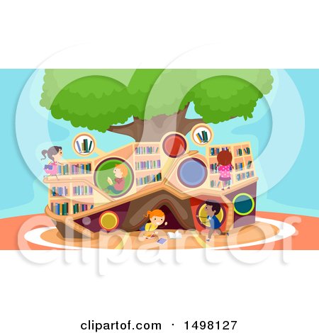 Clipart of a Group of Children in a Modern Tree Styled Library - Royalty Free Vector Illustration by BNP Design Studio