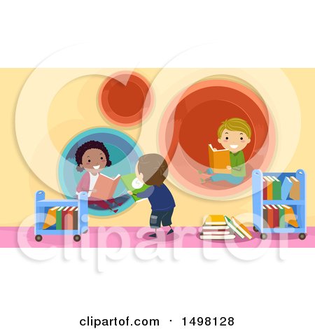 Clipart of a Group of Children Reading in a Modern Library - Royalty Free Vector Illustration by BNP Design Studio