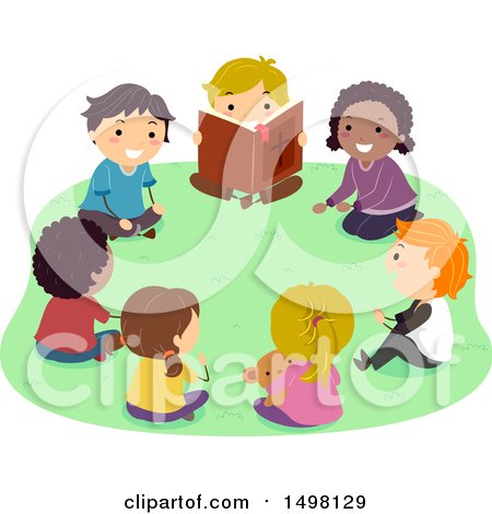 Clipart of a Group of Children Reading a Bible Outdoors - Royalty Free Vector Illustration by BNP Design Studio