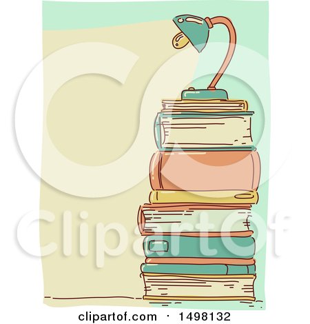 Clipart of a Sketched Lamp on Top of a Stack of Books - Royalty Free Vector Illustration by BNP Design Studio