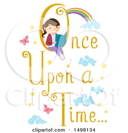 Clipart of a Girl Reading a Book in a Once upon a Time Text Design - Royalty Free Vector Illustration by BNP Design Studio