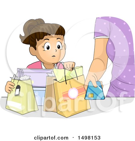 Clipart of a Girl Watching Her Mother Purchase Items with a Credit Card - Royalty Free Vector Illustration by BNP Design Studio