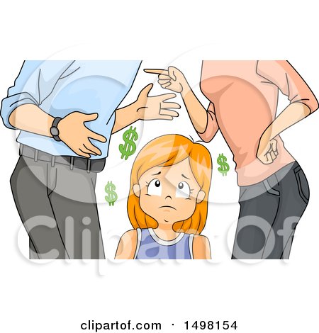 Clipart of a Sad Girl Watching Her Parents Fight over Financial Problems - Royalty Free Vector Illustration by BNP Design Studio