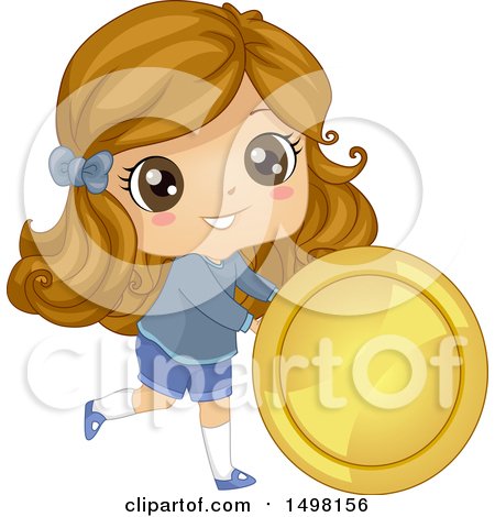 Clipart of a Girl Rolling a Giant Coin - Royalty Free Vector Illustration by BNP Design Studio