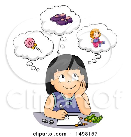 Clipart of a Girl Daydreaming About What to Spend Her Money on - Royalty Free Vector Illustration by BNP Design Studio