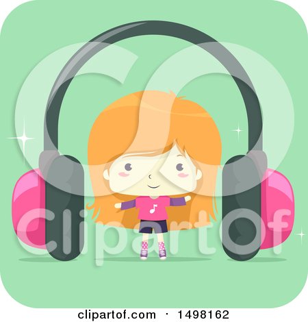 Clipart of a Girl with a Giant Pair of Headphones - Royalty Free Vector Illustration by BNP Design Studio
