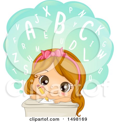 Clipart of a Girl Writing and Learning Words - Royalty Free Vector Illustration by BNP Design Studio