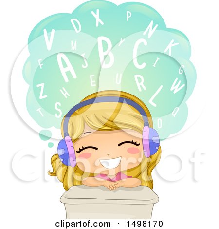Clipart of a Girl Learning the Alphabet or Words and Wearing Headphones - Royalty Free Vector Illustration by BNP Design Studio