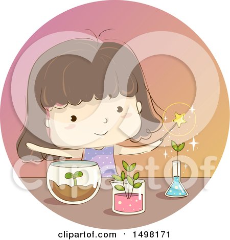 Clipart of a Sketched Girl Making Her Plants Grow with a Magic Wand - Royalty Free Vector Illustration by BNP Design Studio