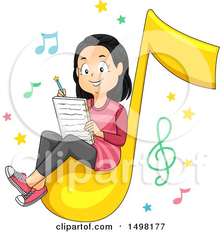 Clipart of a Girl Sitting on a Music Note and Writing a Song - Royalty Free Vector Illustration by BNP Design Studio