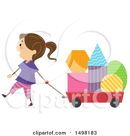Clipart of a Girl Pulling a Wagon Full of Shapes - Royalty Free Vector Illustration by BNP Design Studio
