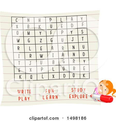 Clipart of a Girl Doing a Word Search Game - Royalty Free Vector Illustration by BNP Design Studio