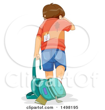 Clipart of a Rear View of a Beat down School Boy Walking Away After Being Bullied - Royalty Free Vector Illustration by BNP Design Studio