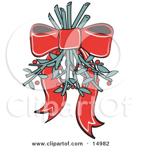 Red Ribbon Hanging Mistletoe Upside Down For People To Kiss Under Retro Clipart Illustration by Andy Nortnik