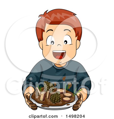 Clipart of a Boy Holding up a Mud Pie with Sticks and Pinecones - Royalty Free Vector Illustration by BNP Design Studio