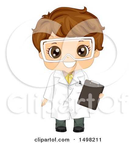 Clipart of a Brunette Boy Wearing a Science Lab Coat and Holding a Clipboard - Royalty Free Vector Illustration by BNP Design Studio