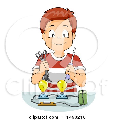 Clipart of a School Boy Demonstrating a Battery Powering Light Bulbs - Royalty Free Vector Illustration by BNP Design Studio