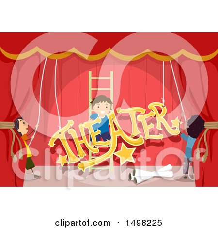 Clipart of a Group of Boys Hanging up Theater Text on a Stage - Royalty Free Vector Illustration by BNP Design Studio