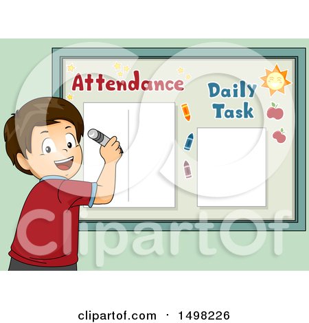 Clipart of a Boy Writing on an Attendance Board - Royalty Free Vector Illustration by BNP Design Studio