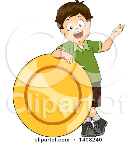 Clipart of a Boy Presenting and Leaning on a Giant Coin - Royalty Free Vector Illustration by BNP Design Studio