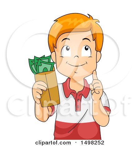 Clipart of a Boy Holding an Envelope of Cash Money and Thinking - Royalty Free Vector Illustration by BNP Design Studio