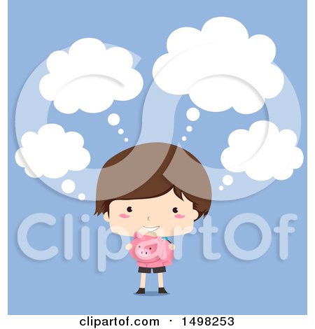 Clipart of a Boy Thinking and Holding a Piggy Bank, over Blue - Royalty Free Vector Illustration by BNP Design Studio