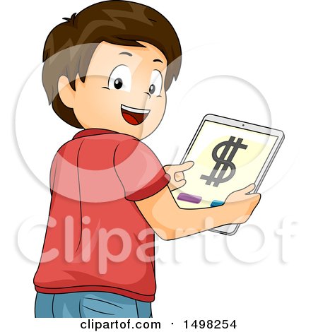 Clipart of a Boy Holding a Tablet with a Money App on the Screen - Royalty Free Vector Illustration by BNP Design Studio