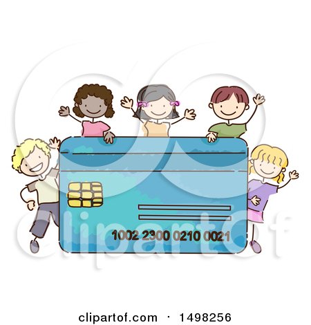 Clipart of a Sketched Credit Card with Kids - Royalty Free Vector Illustration by BNP Design Studio