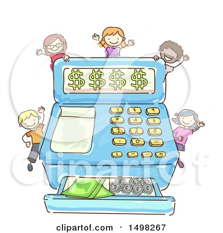 Clipart of a Sketched Cash Register with Money and Kids - Royalty Free Vector Illustration by BNP Design Studio