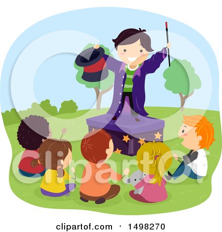 Clipart of a Boy Performing a Magic Trick for His Friends - Royalty Free Vector Illustration by BNP Design Studio