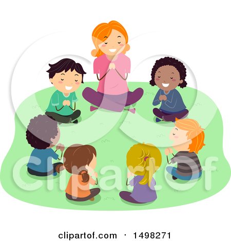 Clipart of a Teacher and Children Praying Outdoors - Royalty Free Vector Illustration by BNP Design Studio