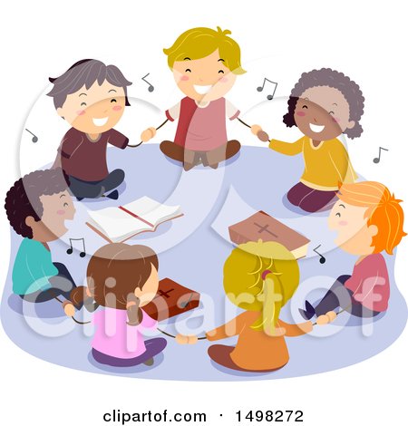 Clipart of a Group of Children Sitting on the Floor and Holding Hands While Singing Around Bibles - Royalty Free Vector Illustration by BNP Design Studio