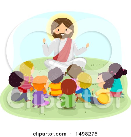 Clipart of a Group of Children Sitting Around Jesus - Royalty Free Vector Illustration by BNP Design Studio