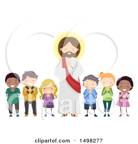 Clipart of a Group of Children Praying with Jesus Christ - Royalty Free Vector Illustration by BNP Design Studio