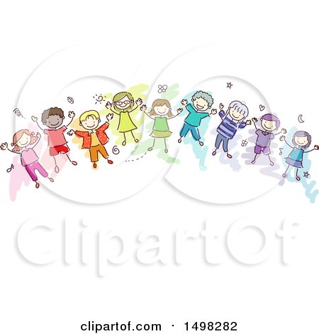 Clipart of a Sketched Group of Colorful Children on a Rainbow - Royalty Free Vector Illustration by BNP Design Studio