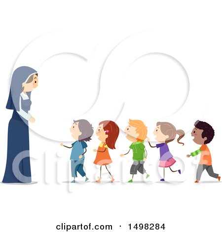 Clipart of a Happy Nun with a Line of Children - Royalty Free Vector Illustration by BNP Design Studio