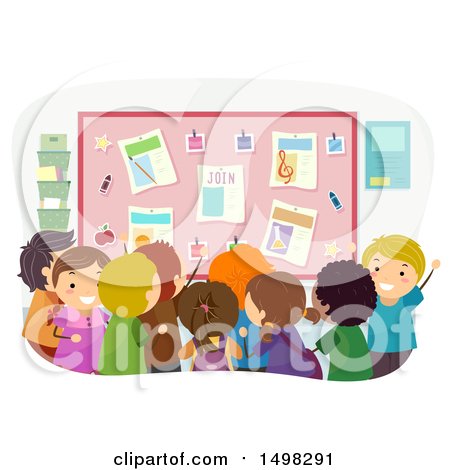 Clipart of a Crowd of Children Looking at a Bulletin Board for Clubs - Royalty Free Vector Illustration by BNP Design Studio