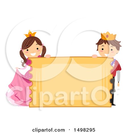 Clipart of a Boy and Girl in a Prince and Princess Costume Behind a Giant Ticket Sign - Royalty Free Vector Illustration by BNP Design Studio