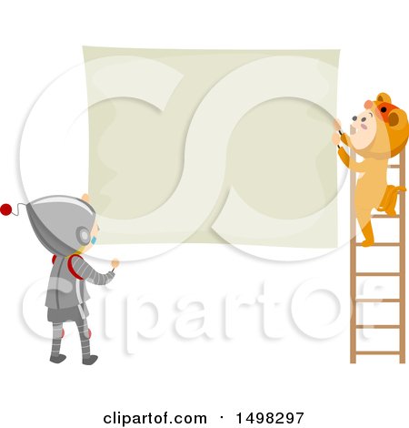 Clipart of a Boy and Girl in Costumes, Hanging a Sign - Royalty Free Vector Illustration by BNP Design Studio