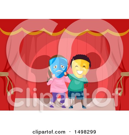 Clipart of a Boy and Girl Wearing Comedy and Tragedy Theater Masks on Stage - Royalty Free Vector Illustration by BNP Design Studio