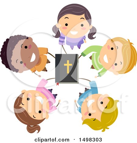 Clipart of a Circle of Children Holding up a Bible - Royalty Free Vector Illustration by BNP Design Studio