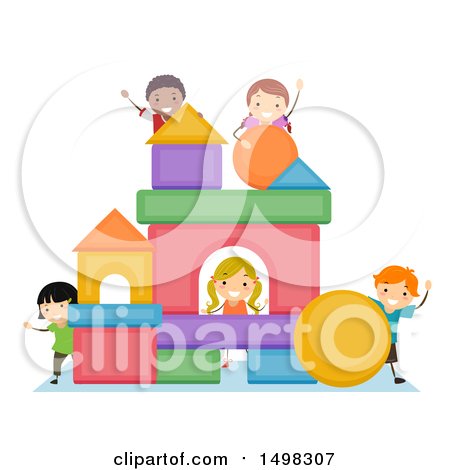 Clipart of a Group of Children Building a Structure from Shapes - Royalty Free Vector Illustration by BNP Design Studio