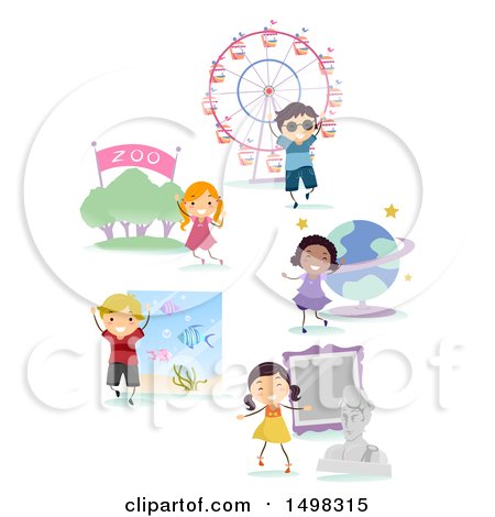 Clipart of Happy Children at Different Locations for Field Trips - Royalty Free Vector Illustration by BNP Design Studio