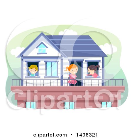 Clipart of a Group of Children on a Roof Top - Royalty Free Vector Illustration by BNP Design Studio