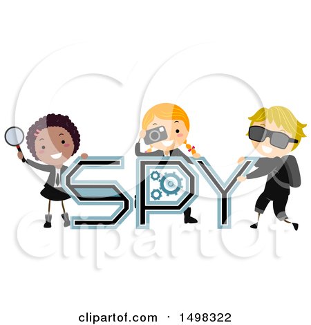 Clipart of a Group of Children with Spy Text and Gear - Royalty Free Vector Illustration by BNP Design Studio