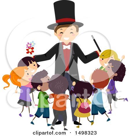 Clipart of a Happy Magician Surrounded by Children - Royalty Free Vector Illustration by BNP Design Studio